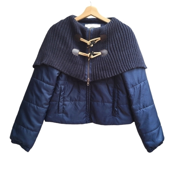 Nautical Puffer Coat with Knit Cape Neckline, Size Small, Oversized - Picture 1 of 10